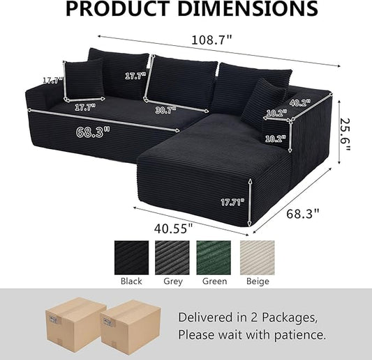 PELUMY 108.7" L-Shaped Modular Sectional Sofa with Oversized Chaise, Cloud Couch with Memory Foam, No Assembly Required Sleeper Sofa for Small Space Living Room, Apartment (Black, Corduroy)
