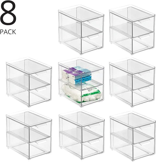 mDesign Stackable Storage Containers Box with 2 Pull-Out Drawers - Stacking Plastic Drawer Bins for Master or Guest Bathroom, Linen Closet, Vanity, or Makeup Table - Lumiere Collection - 8 Pack, Clear