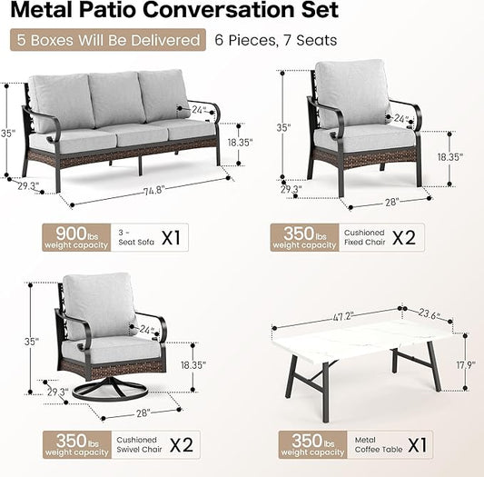 6-Piece Metal Outdoor Patio Furniture Set - Black & Light Gray with 1 3-Seater Sofa, 2 Fixed & 2 Swivel Sofas, Coffee Table