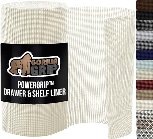 GORILLA GRIP powerGRIP Drawer Shelf and Cabinet Liner, Thick Strong Hold, Non-Adhesive Liners Protect Kitchen Cabinets and Cupboard, Bathroom Drawers, Easy Install, Breathable Mat, 12" x20' Snow White