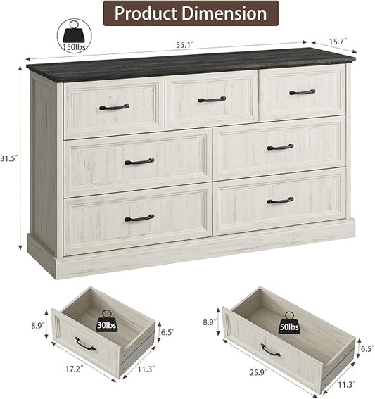 Farmhouse 7 Drawer Dresser for Bedroom, 55 Inch Wide Modern White Dresser TV Stand with Large Drawers & Bar Handles, Rustic Wood Chest of Drawers for Bedroom, Living Room