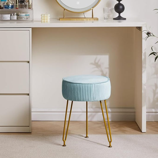 IBUYKE Velvet Round Footrest Stool Ottoman, Makeup Vanity Stool Side Table, Velvet Dressing Table Seat, Pouf Couch Stool, Golden Steel Legs, Blue LG-30H