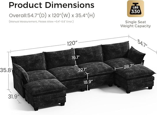 KKL 120" Modular Sectional Sofa, U-Shaped 6 Seater Convertible L-Shaped Cloud Couch with Ottoman, Chenille Modern Sectional Couches for Living Room, Apartment, Black