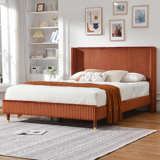 PINJU Full Size Bed Frame, Upholstered Platform Bed with Modern Vertical Striped Wingback Headboard with Wooden Slats, Easy to Assemble No Noise Free (OCHER, Full)