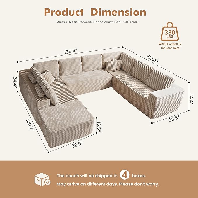 Weaxty Cloud Sectional Couch for Living Room, Oversized L Shaped Boneless Couches, Plush Corduroy Memory Foam Deep Seat Floor Sofa, No Assembly Required，Beige