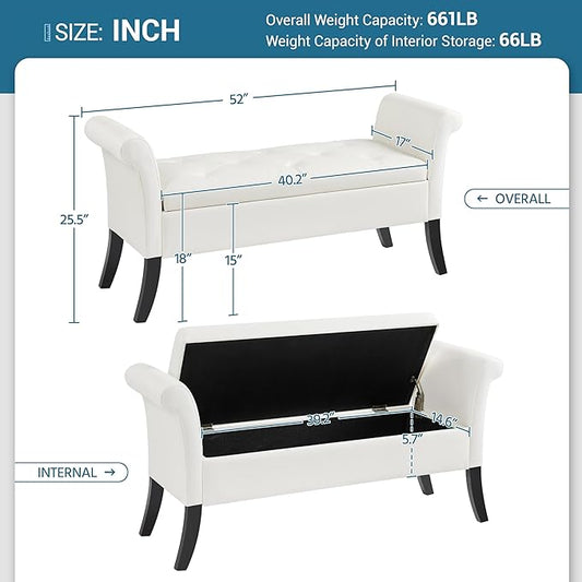 Yaheetech Ottoman with Storage, 52" Storage Ottoman Bench with Safety Hinge, Upholstered Bench with Seating for Bedroom, Living Room, Holds up to 661 lb, White