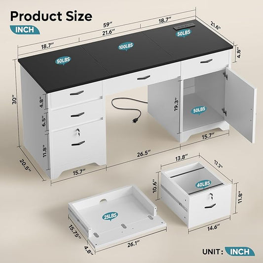 Bestier 59” Office Desk with Lockable Drawers, Modern Computer Desk with File Drawer, Charging Station & Drop-Front Keyboard Drawer, Executive Desk with Storage Cabinet for Home Office & Studio, White