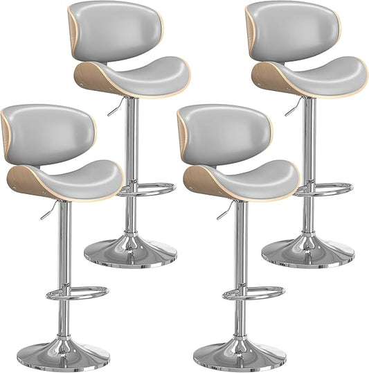 Bar Stools Set of 4, Bar Stools for Kitchen Island with Bentwood Back and Leather Seat, Swivel Barstools for Kitchen Counter, Bar, Grey