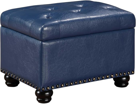 Convenience Concepts Designs4Comfort 5th Avenue Upholstered Storage Ottoman 24" - Contemporary Foot Stool and Seat with Hinged Lid for Living Room, Dining Room, Office, Den, Blue Faux Leather