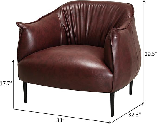 KINWELL 33" W Faux Leather Barrel Chairs Set of 2 with Hand-Tufted Pleated Back Flared Arms, Modern PU Upholstered Accent Chairs with Metal Legs, Large Armchairs Lounge Chairs for Living Room, Red