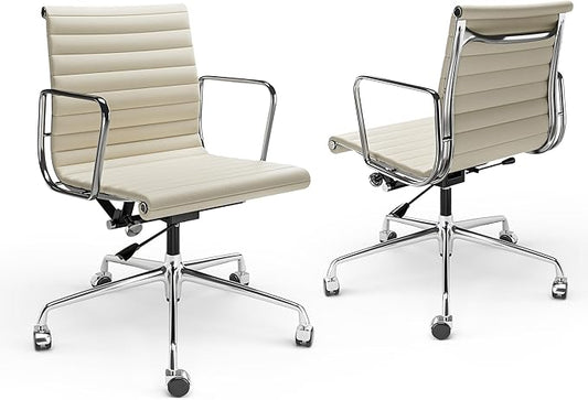 Ribbed Office Chair with Top Grain Leather - Mid Back Ergonomic Desk Chair with Aluminum Arms & Frame, Swivel Wheels & Tilt Function, Adjustable Height