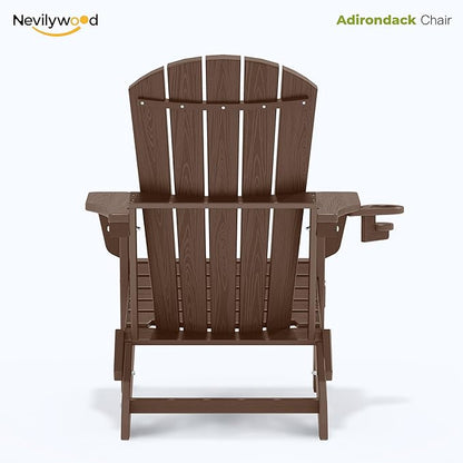 nevilywood Folding Adirondack Chair with Cup Holder, HDPE Patio Chairs, All-Weather Outdoor Chairs for Backyard, Deck, Fire Pit-Coffee