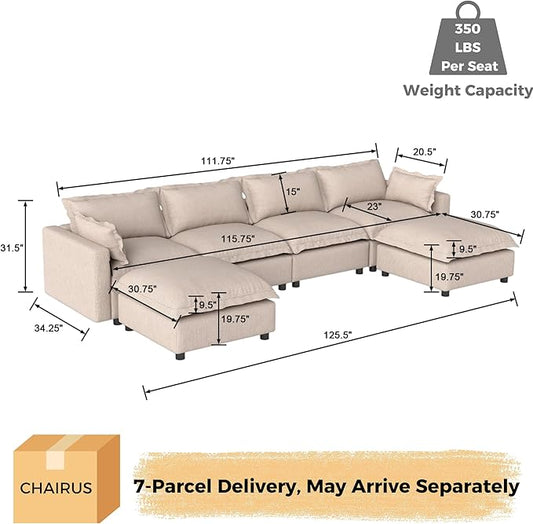 chairus 126" Modular Sectional Sofa with 2 Moveable Ottoman Upholstered Deep Seat Linen Couch Set with Soft Pillows U Shaped Sofa Couch for Living Room, Apartment, Reception Room, 4-Seater/Oatmeal