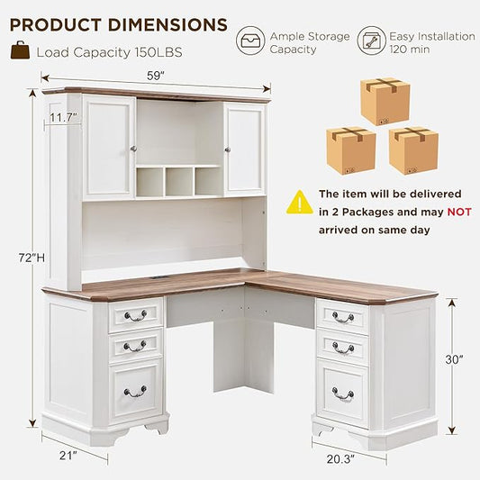 T4TREAM L Shaped Desk with Hutch,59" Farmhouse Wood Home Office Executive Desk,Charging Station,File Drawer, Storage Cabinet,Computer Desk for Work and Study (Antique White)