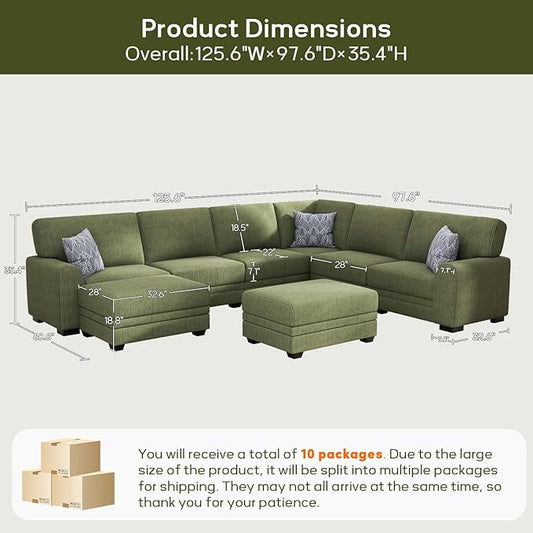 Wanderwell Oversized Modular Sectional Sofa, 8-Seater U Shaped Couches with Movable Ottoman,Corduroy Sectional Couch with Wide and Deep Seats Suitable for Living Room,Bedroom,Apartment (Olive, U-8)