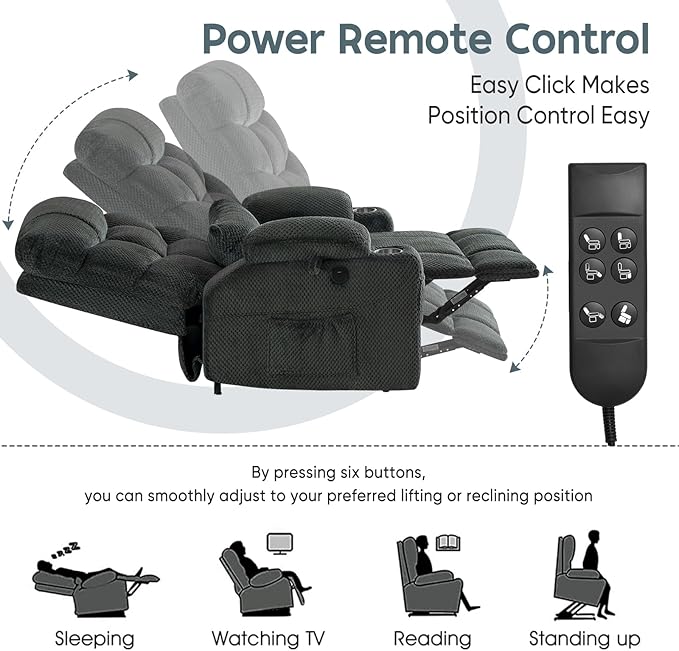 ABCASA Oversized Dual Motor Lay Flat Power Lift Recliner Chair with Massage, Heating, Lumbar Pillow, USB & Type-C Ports, Textile Lift Chair Recliner, Large Recliner for Big & Elderly People - Grey