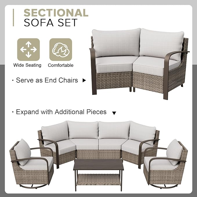 COOS BAY Aurora Terrace Half-Moon Outdoor Furniture Set, Rattan Conversation Set with Curved 5-Seat Sofa, Coffee Table, Seats 5, Beige/Beige