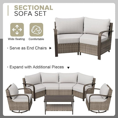 COOS BAY Aurora Terrace Half-Moon Outdoor Furniture Set, Rattan Conversation Set with Curved 5-Seat Sofa, Coffee Table, Seats 5, Beige/Beige