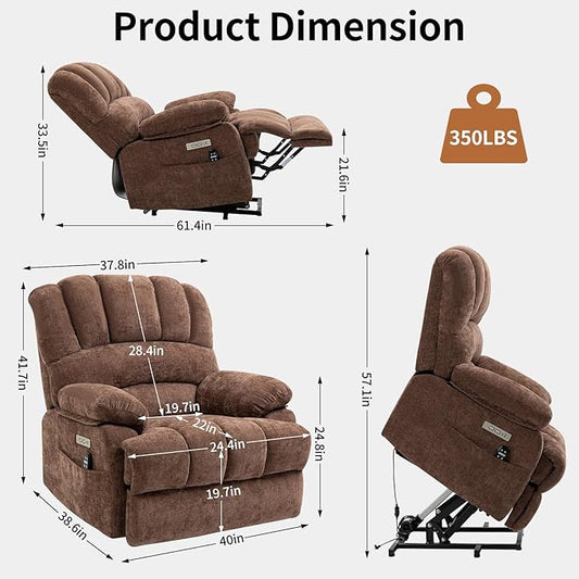 Power Recliner with Vibration Massage & Lumbar Heat, Electric Lift Chairs for Elderly, High Back Reclining Max 155 Degree with Charging Ports, Chenille Fabric Brown