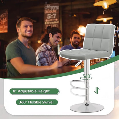 COSTWAY Bar Stools Set of 2, Modern Swivel Adjustable Height PU Leather Barstools with Back, Square Armless Counter Height 2-Pack Bar Chair for Kitchen Island Dining Living Bistro Pub Counter, Grey
