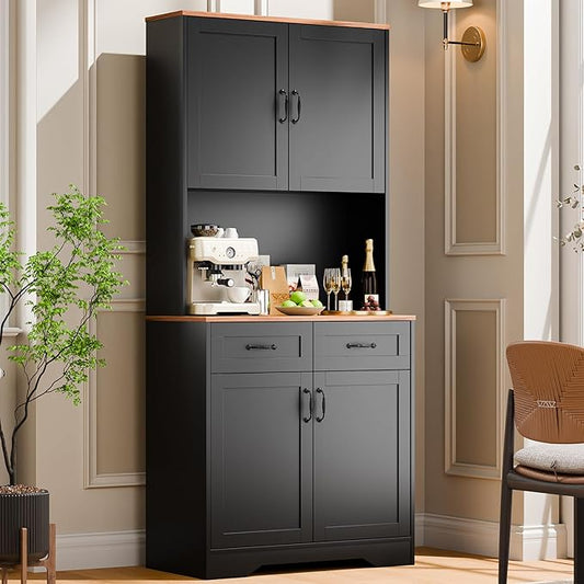 Cozy Castle Pantry Cabinet, Farmhouse Kitchen Hutch Cabinet with Storage Drawers Freestanding Coffee Bar Liquor Sideboard Large Countertop Cupboard for Dining Room, Living Room, 71'' Tall Black