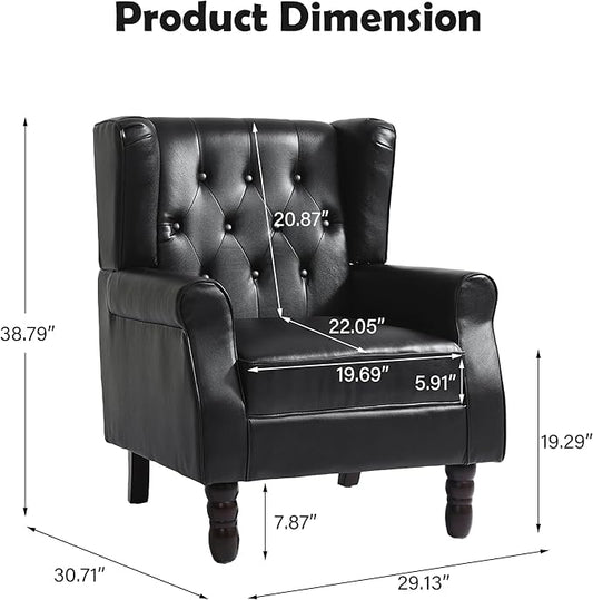 Mid-Century Modern Wingback Accent Chair - Luxe PU Faux Leather Upholstery with Solid Wood Legs, Ergonomic High Back Design - Water Resistant Living Room, Bedroom & Home Office Chair (Black)