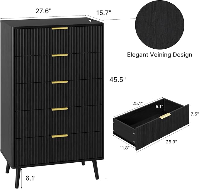 LYNSOM Fluted Dresser and Nightstand Sets 4 Piece, 2-Drawer Nightstands and 5/7 Drawers Dresser, Wood Bedroom Furniture Set for Home, Bedroom, Hallway, Black