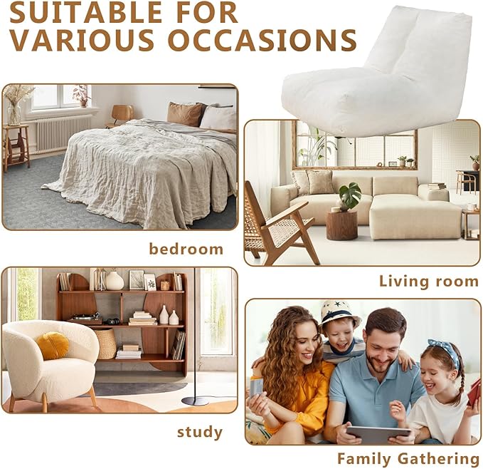 Bean Bag Chairs for Adults, Memory Foam Bean Bag Chair, Ergonomic Support Reading Floor Sofa Chair with Filler, Comfy Cozy Beanbag Couch for Bedroom Living Room （Beige Upgrade Sponge）