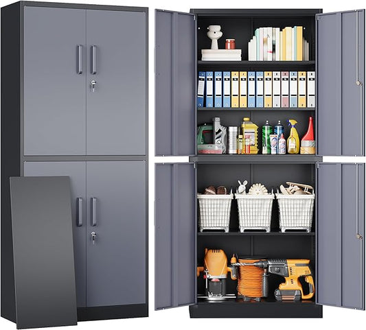 SISESOL Metal Storage Cabinets with Doors and Shelves,71" Metal Garage Storage Cabinet with Lock,Gray Steel Cabinet with Locking Doors,4 Door Lockable Cabinets for Garage,Home,Office