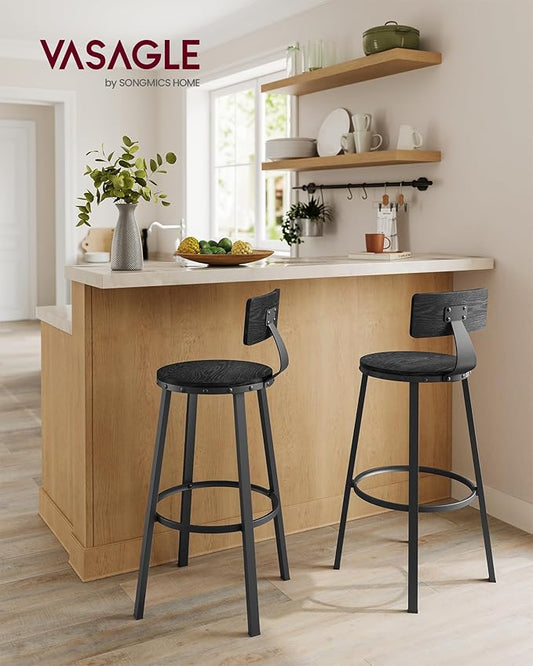 VASAGLE Bar Stools Set of 2, Bar Height Stools, 28.9 Inches Counter Barstools Chairs with Back for Dining Kitchen Island, Steel Frame, Industrial Style, Easy Assembly, Ebony Black