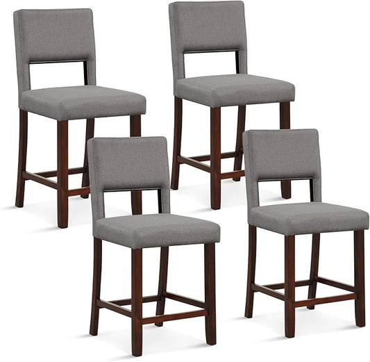 COSTWAY Bar Stools Set of 4, Linen 24.5 Inch Counter Height Chairs with Hollowed Backs, Rubber Wood Legs, Upholstered Barstools for Kitchen Island Home Bar Pub Dining Room, Beige