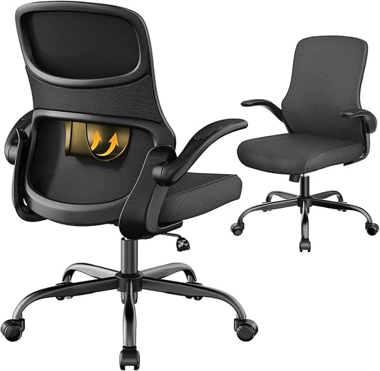 Office Chair, Mesh Ergonomic Desk Chairs, Comfy Computer Gaming Chair with Adjustable Height & Flip-up Armrest, Lumbar Support & Swivel Function for Home Office (Black)