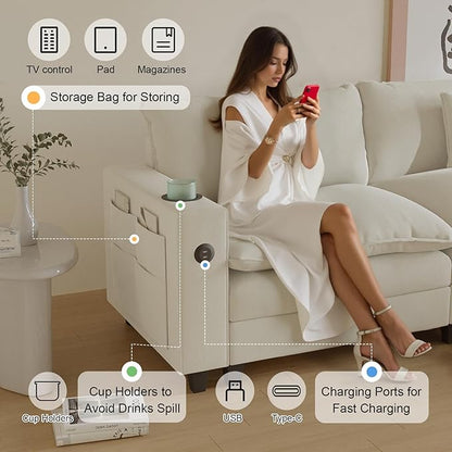 Cloud Couch, Modular Sectional Sofa with Ottoman, Charging Station, Throw Pillows, Cup Holders, Modern Convertible L Shaped Couches for Living Room, Bedroom (White, 152"- L Shape)
