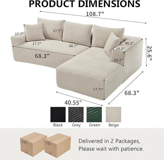 PELUMY 108.7" L-Shaped Modular Sectional Sofa with Oversized Chaise, Cloud Couch with Memory Foam, No Assembly Required Sleeper Sofa for Small Space Living Room, Apartment (Beige, Corduroy)
