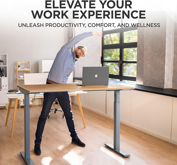RISE UP dual motor electric standing desk 60x30" black bamboo desktop premium ergonomic adjustable height sit stand up home office computer desk table motorized powered modern furniture small standup