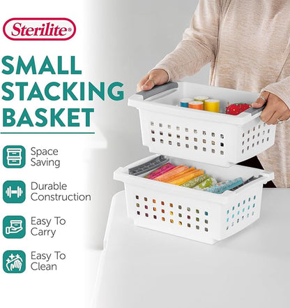 Sterilite Small Plastic Stacking Storage Basket Container Totes w/Comfort Grip Handles and Flip Down Rails for Household Organization, 8 Pack, White