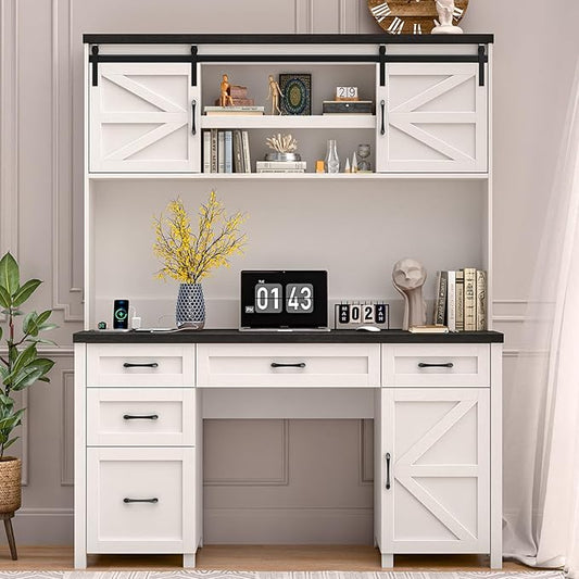 Farmhouse 67" H Executive Desk with Hutch,Office Desks with 5 Drawers, Computer Desk with Storage Cabinet & File Drawers and Charging Station, Wood Workstation for Home Office and Study.(Black).
