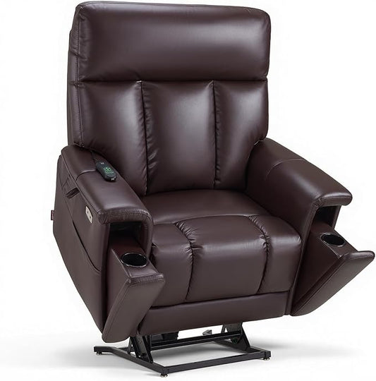 MCombo Heavy Duty Lift Chair for Elderly, Extra Wide Dual Motor Power Lift Recliner 450lbs with Hidden Cup Holders, USB Charging, Breathable Faux Leather R7777 (Dark Brown)
