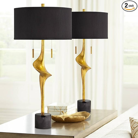 Possini Euro Design Athena 35 1/2" Tall Large Modern Glam End Table Lamps Set of 2 Pull Chain Sculptural Gold Leaf Living Room Bedroom Bedside Nightstand House Office Home Reading Kitchen Entryway