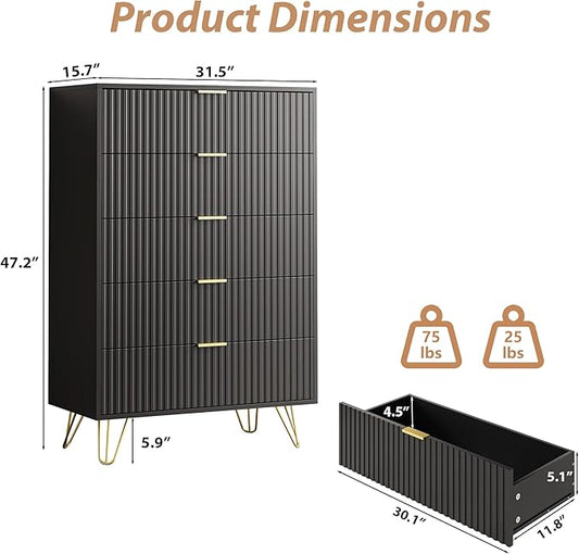5 Drawers Dresser for Bedroom, 47" Tall Modern Chest of Drawers with Gold Handle, Fluted Wood Dresser for Bedroom, Living Room, Hallway, Entryway, Black
