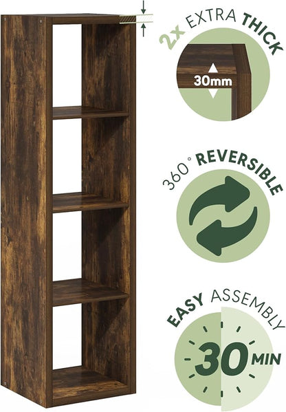 Furinno Cubicle Book Shelf, 4-Cube Vertical Thick Frame Bookshelf, Horizontally & Vertically Reversible Bookcase with Open Back, 14.6 x 15.9 x 58, for Living Room, Bedroom, Home Office, Amber Pine