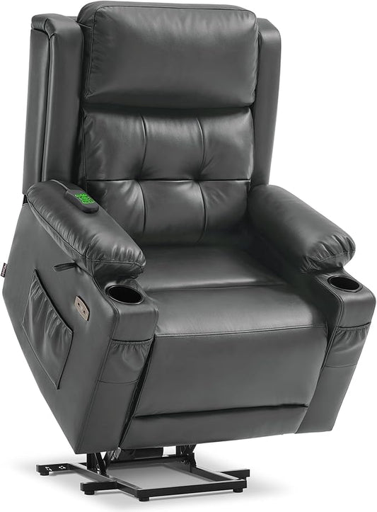 MCombo Large Triple Motor Power Lift Recliner Chair with Massage and Heat for Elderly People, Adjustable Headrest, Infinite Position, USB Ports, Faux Leather 7662 (Dark Grey, Large)
