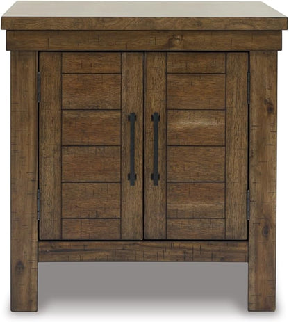 Signature Design by Ashley Moriville Rustic Farmhouse Rectangular End Table with Dual Cabinet Doors, Antique Bronze-Tone Hardware, Wood, 25" High, Brown