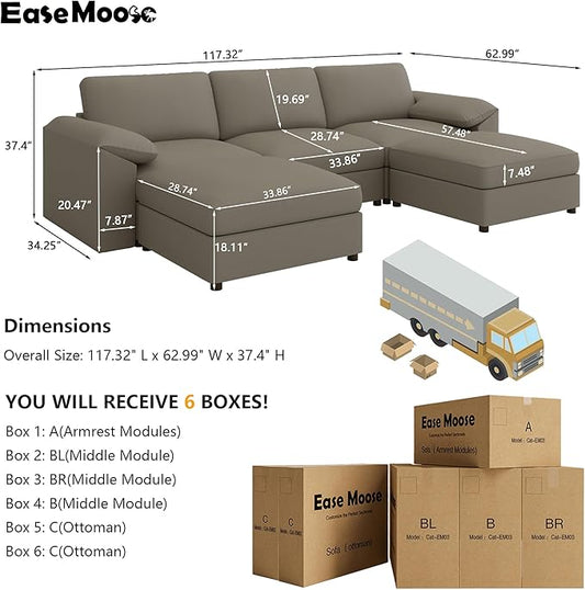 EASE MOOSE Oversized Modular Sofa with Deep Seat,Extra Large Sectional U Shaped Couch for Living Room,Comfy Scratch Resistant Faux Leather Material,Modern Sofas with Ottoman,Light Grey