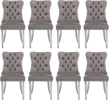 Velvet Upholstered Dining Chairs Set of 8, Modern Style Kitchen Side Chairs with Nailhead Trim and Silver Plated Leg, Metal Pulling Ring for Dining Room Living Room(Grey)