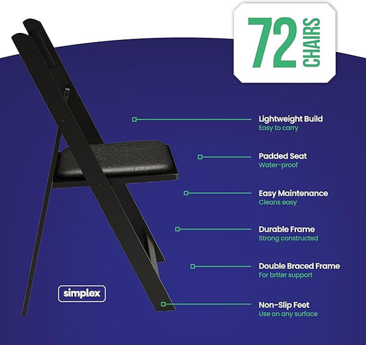 SIMPLEX 72 Black Resin Stackable Folding Chair - Comfortable Black Foldable Chair - Folding Chairs with Padded Seats - Indoor/Outdoor Folding Chairs for Events - Lightweight Foldable Chairs (72 Pack)