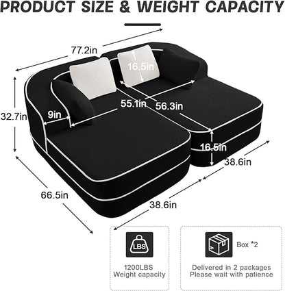 77.2" Oversized Double Lounge Chaise, Boneless Lounge Sofa Bed, Cloud Loveseat Sleeper Couch for Indoor Living Room, No Assembly Required, Teddy Fabric,Black