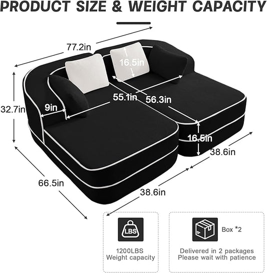 77.2" Oversized Double Lounge Chaise, Boneless Lounge Sofa Bed, Cloud Loveseat Sleeper Couch for Indoor Living Room, No Assembly Required, Teddy Fabric,Black