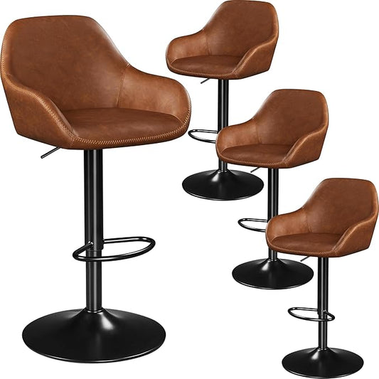 Yaheetech Bar Stools Set of 4, PU Leather Swivel Counter Height Barstools, Adjustable Bar Chairs with Backrest and Footrest, Kitchen Island Stool for Home Kitchen, Retro Brown