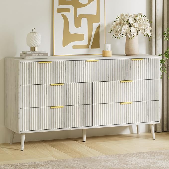 LYNSOM Fluted Dresser and Nightstand Sets 4 Piece, 2-Drawer Nightstands and 5/7 Drawers Dresser, Wood Bedroom Furniture Set for Home, Bedroom, Hallway, White